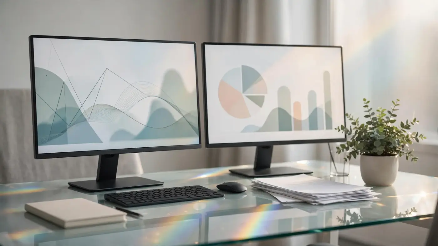 Espacio de trabajo de consultoría financiera con monitores, documentos y una planta