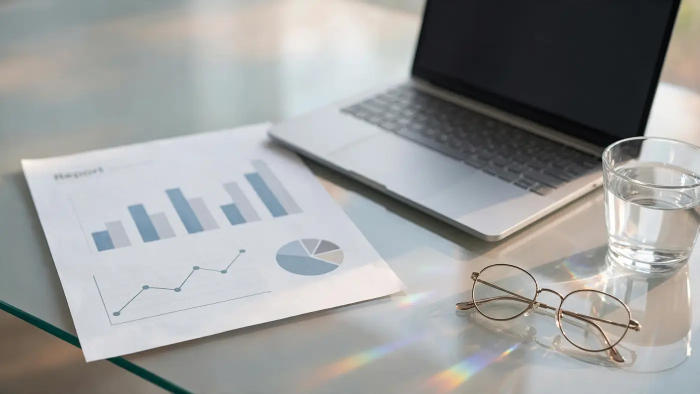 Informe económico impreso con gráficos junto a un portátil y gafas de lectura
