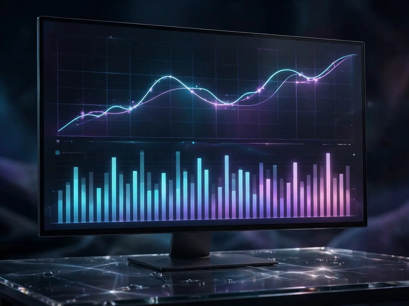 Gráficos financieros de líneas y barras en un monitor grande mostrando tendencias de mercado