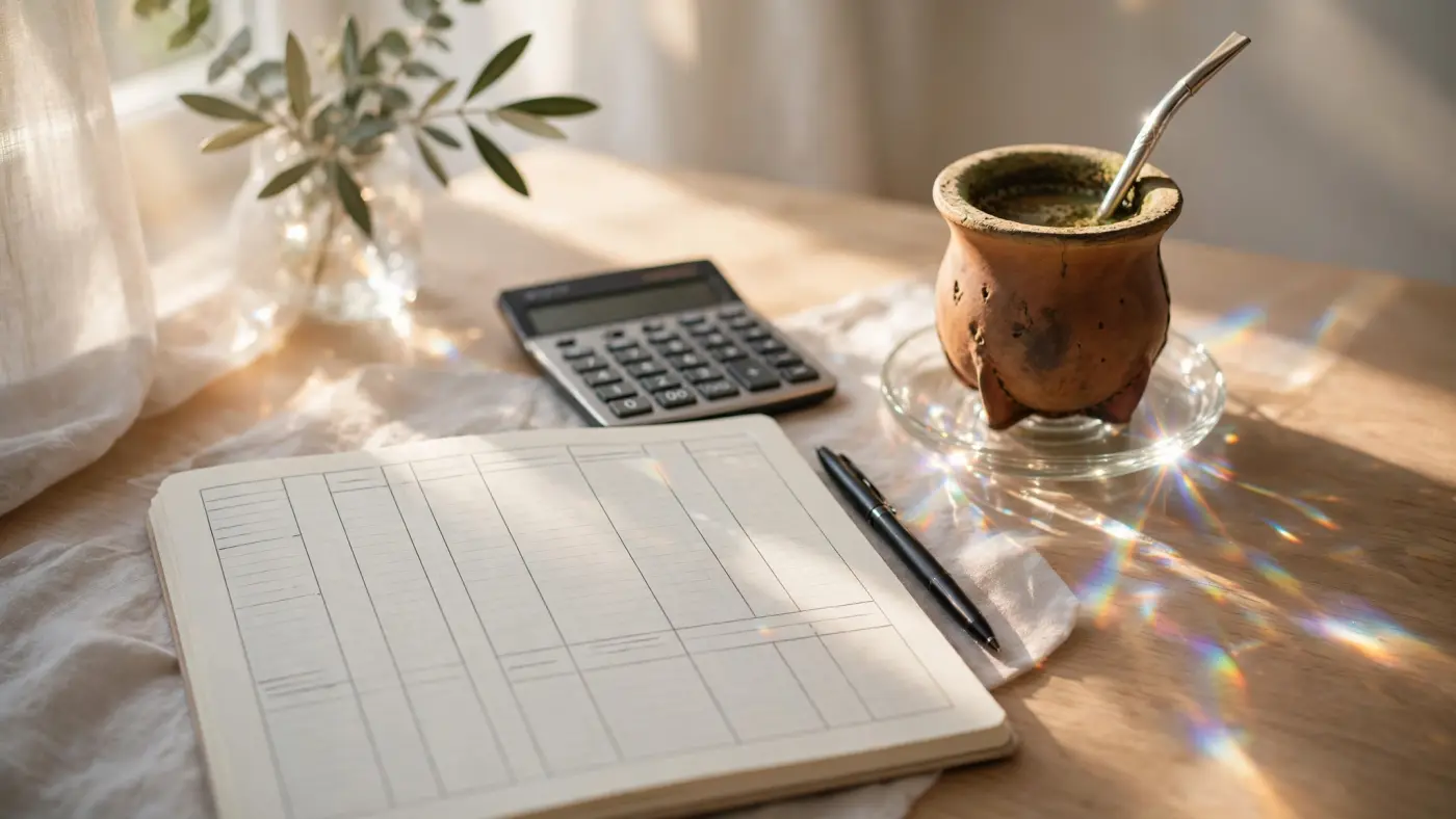Planificación del presupuesto personal en un escritorio con cuaderno, calculadora, lapicera y un mate